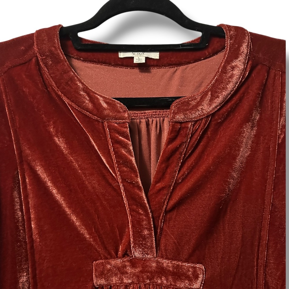 Easel Soft Velvet Babydoll Mini Tunic Dress Long Sleeve Rust Orange L Boho Luxe - Picture 5 of 12
